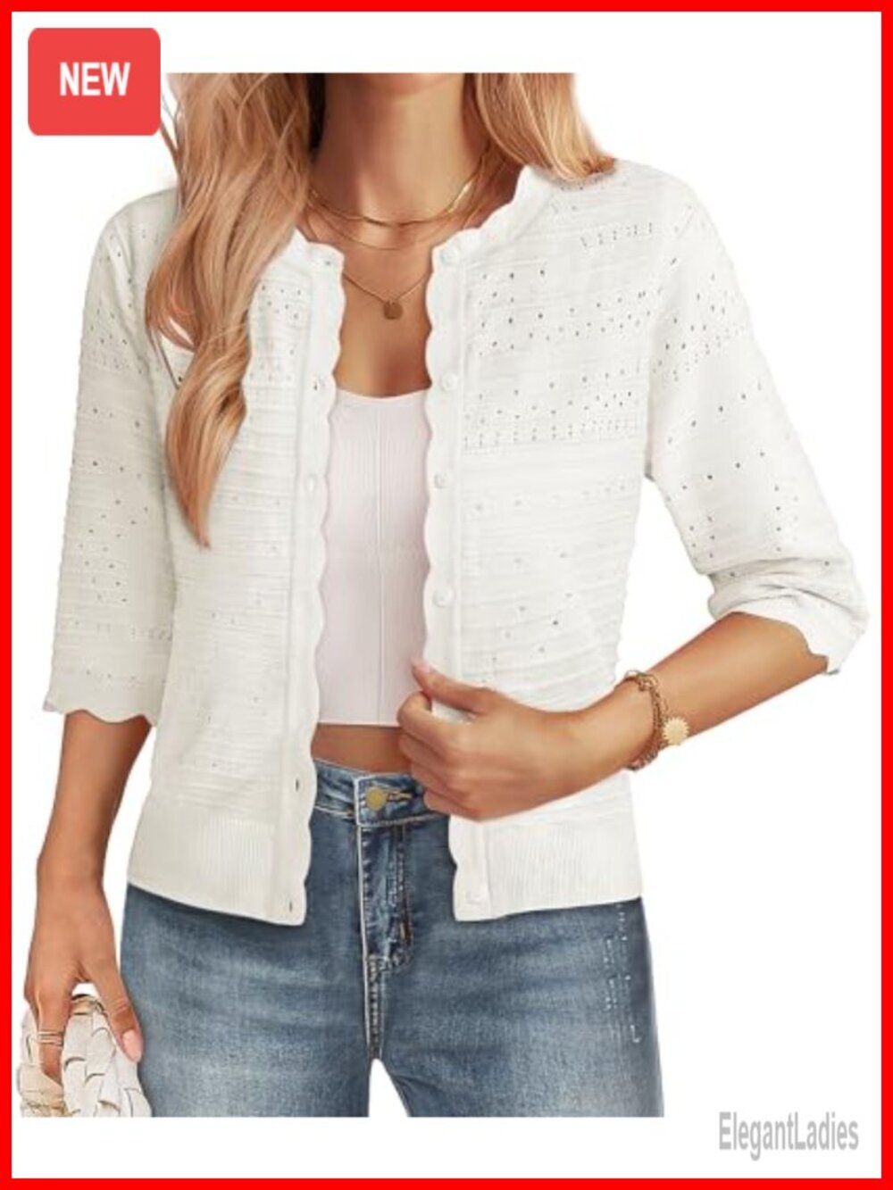 Lightweight Cropped Cardigan, 3/4 Sleeve, Acrylic Knit, Button Front Shrug